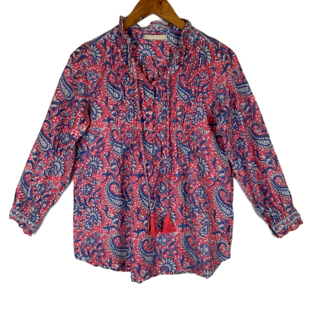Lola Australia Pink Blue Paisley Print Cotton Tassel Neck Long Sleeve‎ Blouse XS